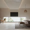 Modern Bedroom Interior With Comfortable Bed Gray Bedding Nightstand And Hanging Light Fixture