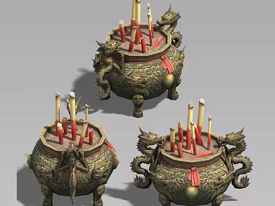 Garden Landscape Featuring Bronze Tripods Dragon Patterns Red Yellow Candles Dragon Shaped Handles 3d model