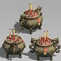 Garden Landscape Featuring Bronze Tripods Dragon Patterns Red Yellow Candles Dragon Shaped Handles
