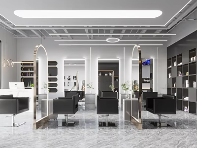 Modern Hair Salon Interior With Black Chairs Mirrors Shelves And Marble Floor 3d model