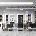 Modern Hair Salon Interior With Black Chairs Mirrors Shelves And Marble Floor