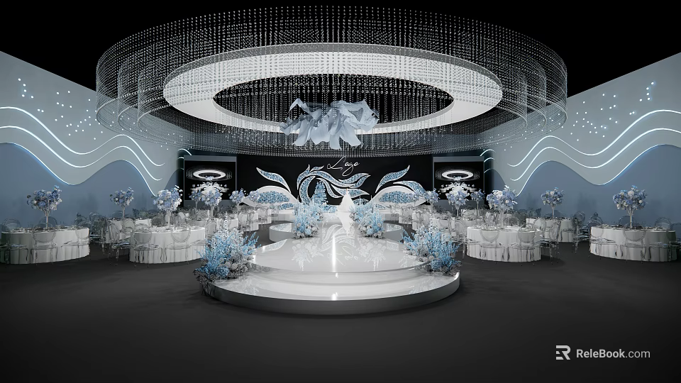 Banquet Hall Interior With Circular Crystal Chandelier Stage And Blue Floral Decorations White Tables 3d model 