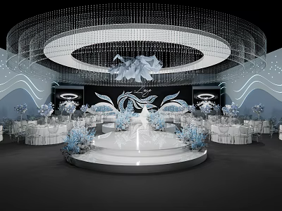 Banquet Hall Interior With Circular Crystal Chandelier Stage And Blue Floral Decorations White Tables 3d model