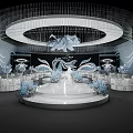 Banquet Hall Interior With Circular Crystal Chandelier Stage And Blue Floral Decorations White Tables