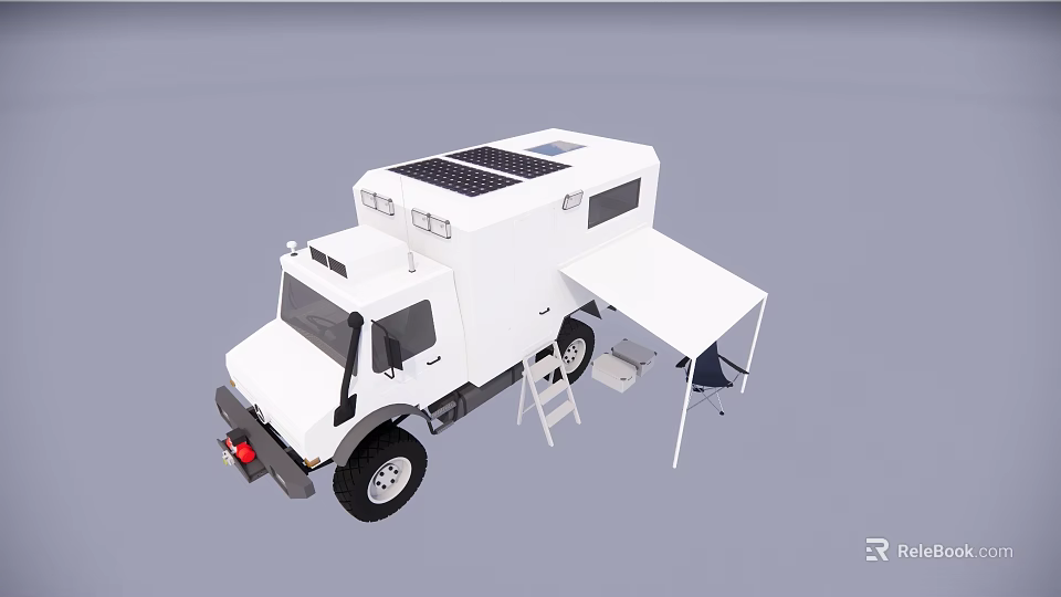White Camper Van With Solar Panels Awning Ladder And Folding Chairs 3d model 