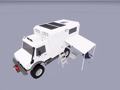 White Camper Van With Solar Panels Awning Ladder And Folding Chairs 3d model
