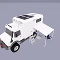White Camper Van With Solar Panels Awning Ladder And Folding Chairs