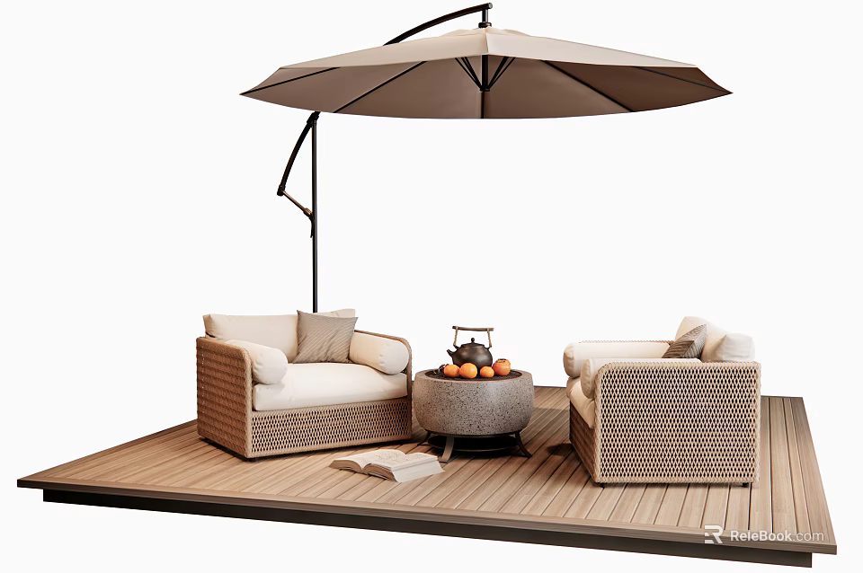 Outdoor Wicker Sofa Set On Wooden Deck With Umbrella And Coffee Table 3d model 