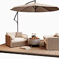 Outdoor Wicker Sofa Set On Wooden Deck With Umbrella And Coffee Table