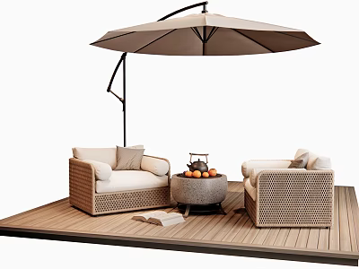 Outdoor Wicker Sofa Set On Wooden Deck With Umbrella And Coffee Table 3d model