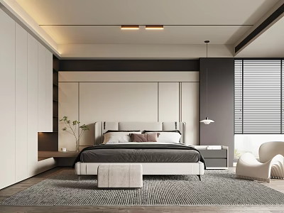 Modern Minimalist Bedroom Interior With Sleek Bed Nightstands Built-in Wardrobe Pendant Light And Window Blinds 3d model