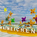 Colorful Windmills Outdoor Landscape With Blue Sky And White Clouds