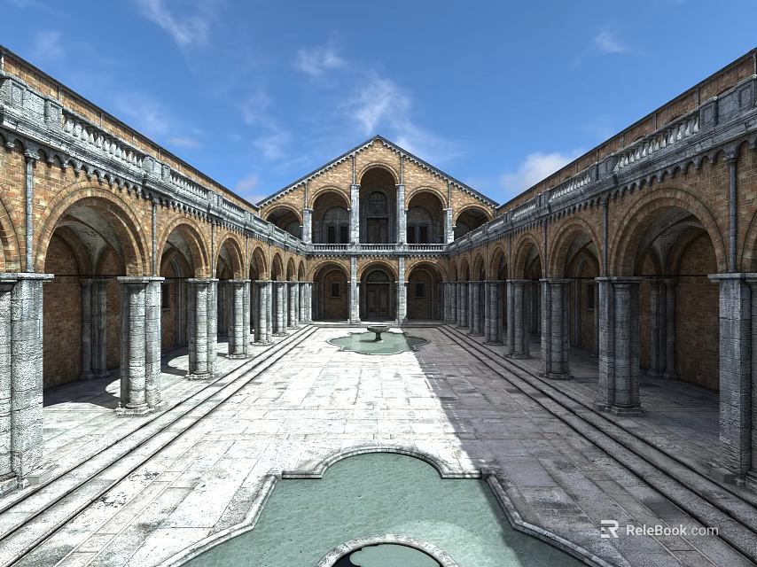 Historic European Architecture Courtyard with Arched Arcades Stone Columns and Central Fountain 3d model 