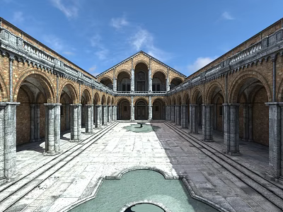 Historic European Architecture Courtyard with Arched Arcades Stone Columns and Central Fountain 3d model