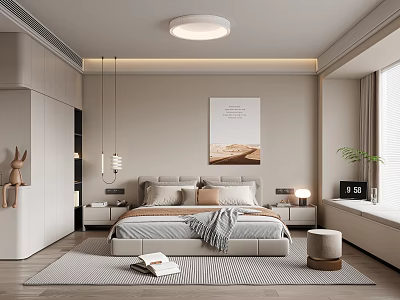 Modern Bedroom Interior Design With Bed Nightstands Table Lamps Wall Art And Round Ceiling Light 3d model