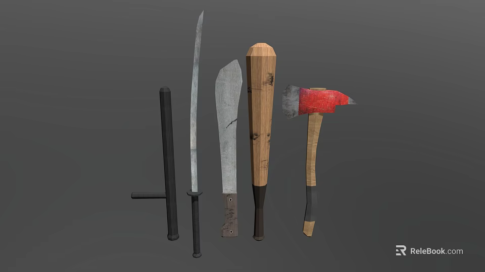 Various Weapons Showcase Featuring Sword Knife Wooden Bat And Metal Axe 3d model 