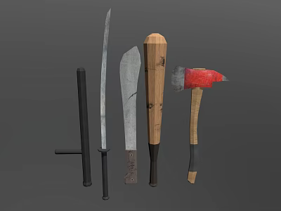 Various Weapons Showcase Featuring Sword Knife Wooden Bat And Metal Axe 3d model