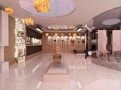 Cultural Center Interior Design With Traditional Lanterns Artistic Wall Decor And Open Exhibition Space 3d model