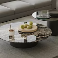 Modern Round Marble Coffee Table With Wooden Tray Green Apples And White Cup In Interior