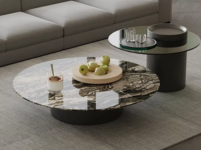 Modern Round Marble Coffee Table With Wooden Tray Green Apples And White Cup In Interior 3d model