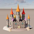 Colorful Cartoon Castle With Orange Red Yellow Purple Spires And Stone Brick Walls