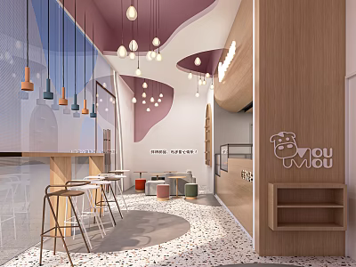 Modern Milk Tea Shop Interior Design With Wooden Decor Hanging Pendant Lamps Tables And Chairs 3d model