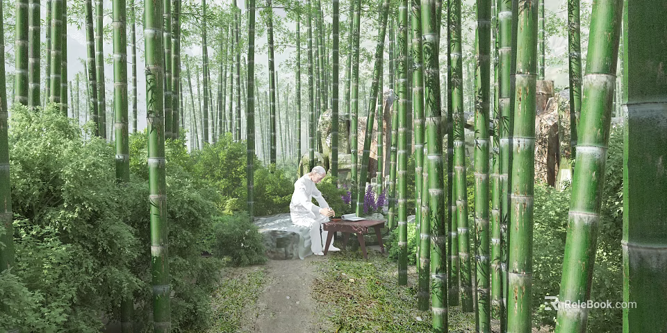 Tranquil Bamboo Forest Scenery with person sitting by stone table with tea set and greenery 3d model 