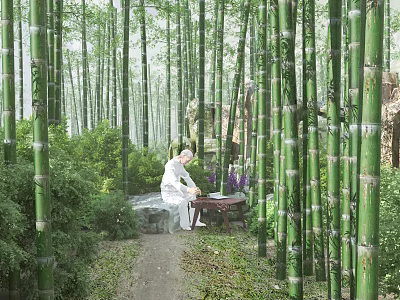 Tranquil Bamboo Forest Scenery with person sitting by stone table with tea set and greenery 3d model