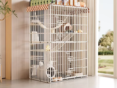 Spacious White Indoor Multi Level Pet Cage With Ladder Platforms And Top Storage 3d model