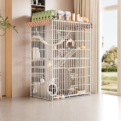 Spacious White Indoor Multi Level Pet Cage With Ladder Platforms And Top Storage 3d model