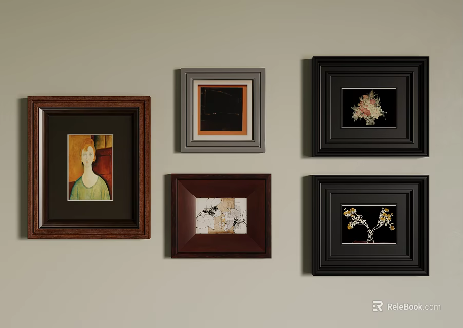 Decorative Framed Artworks Arranged On Light Wall 3d model