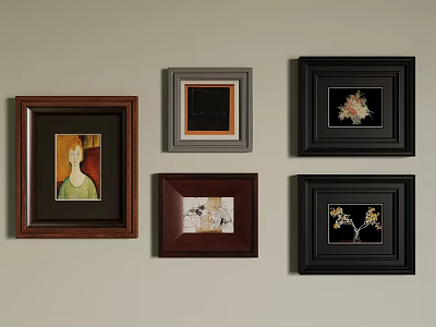Decorative Framed Artworks Arranged On Light Wall 3d model