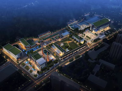 Urban Aerial Planning Night View with Green Roof Buildings Road Network and Public Spaces 3d model