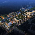 Urban Aerial Planning Night View with Green Roof Buildings Road Network and Public Spaces