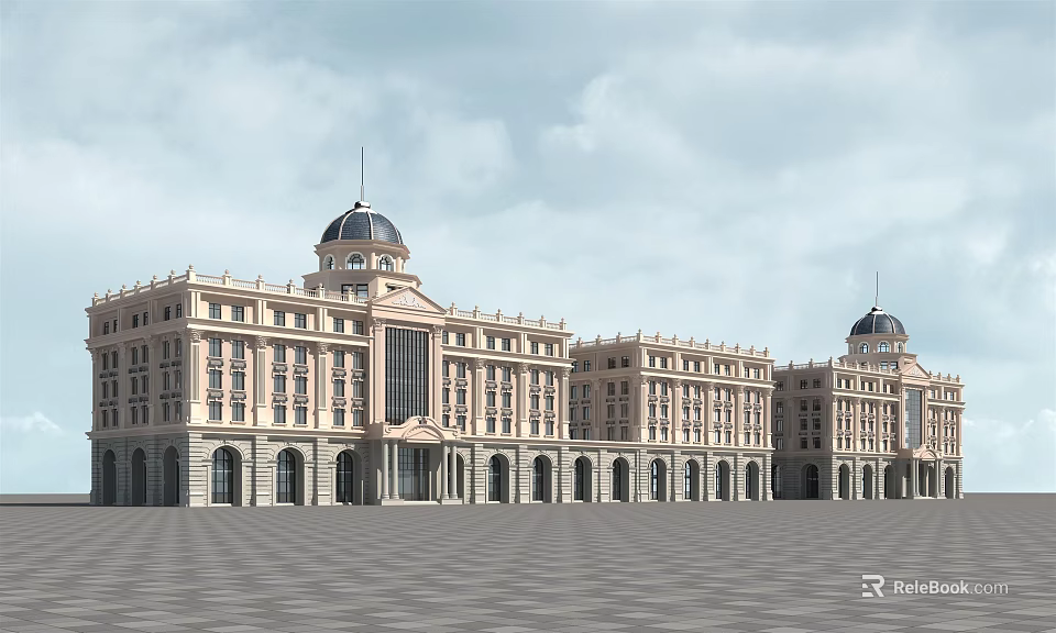 Classical Office Building with Dome Roofs Multiple Floors Arched Windows Front Plaza Symmetrical Design 3d model 