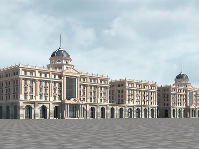 Classical Office Building with Dome Roofs Multiple Floors Arched Windows Front Plaza Symmetrical Design 3d model