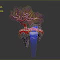Floating Rock Scene With Red Tree Pink Flowers Red Bridge And Blue Water Flow