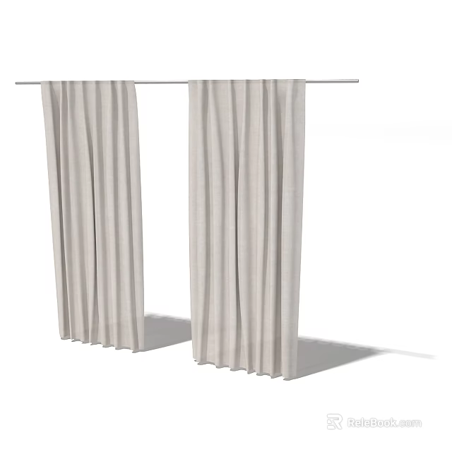 Simple Beige Linen Curtains Hanging On Pole With Elegant Design 3d model 
