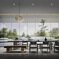 Modern Office Interior With Large Windows Trees Long Table Chairs And Plant 3d model