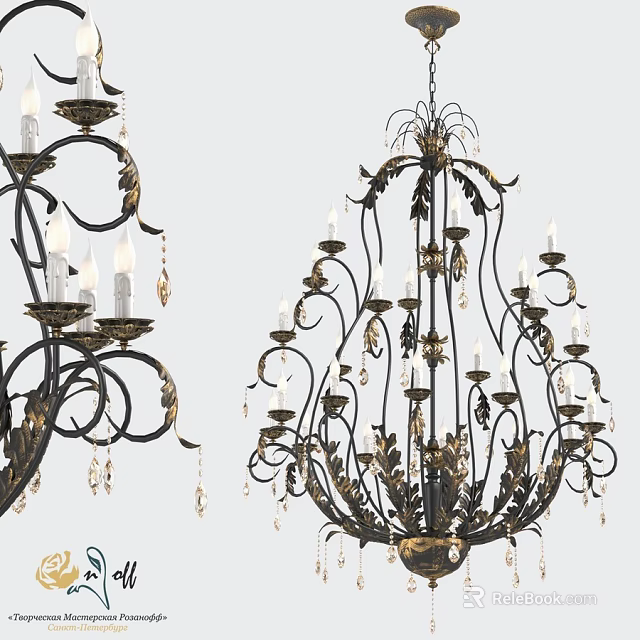 Ornate Vintage Chandelier With Metal Frame Crystal Pendants Leaf Decorations And Candle Style Lights 3d model 