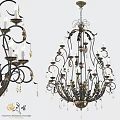 Ornate Vintage Chandelier With Metal Frame Crystal Pendants Leaf Decorations And Candle Style Lights