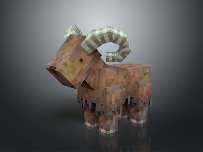 Brown Blocky Ram 3D Model With Curved Striped Horns In Pixel Art Style 3d model