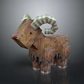 Brown Blocky Ram 3D Model With Curved Striped Horns In Pixel Art Style