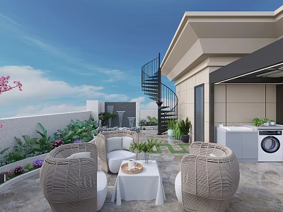 Rooftop Garden Terrace With Spiral Staircase Rattan Furniture Pink Blossoms And Blue Sky 3d model