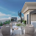 Rooftop Garden Terrace With Spiral Staircase Rattan Furniture Pink Blossoms And Blue Sky