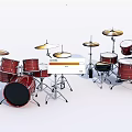 Red Wooden Drum Set With Golden Cymbals And Metal Stands For Musical Instruments