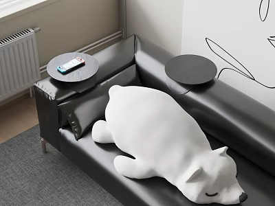 White Polar Bear Shaped Pillow on Black Leather Sofa with Line Art Background Wall 3d model
