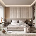 Modern Bedroom Interior Design With Vertical Striped Accent Wall Bed Nightstands And Geometric Area Rug