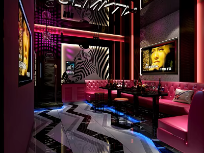 Stylish Modern KTV Interior Design With Neon Lights Pink Sofas And TV Screens 3d model