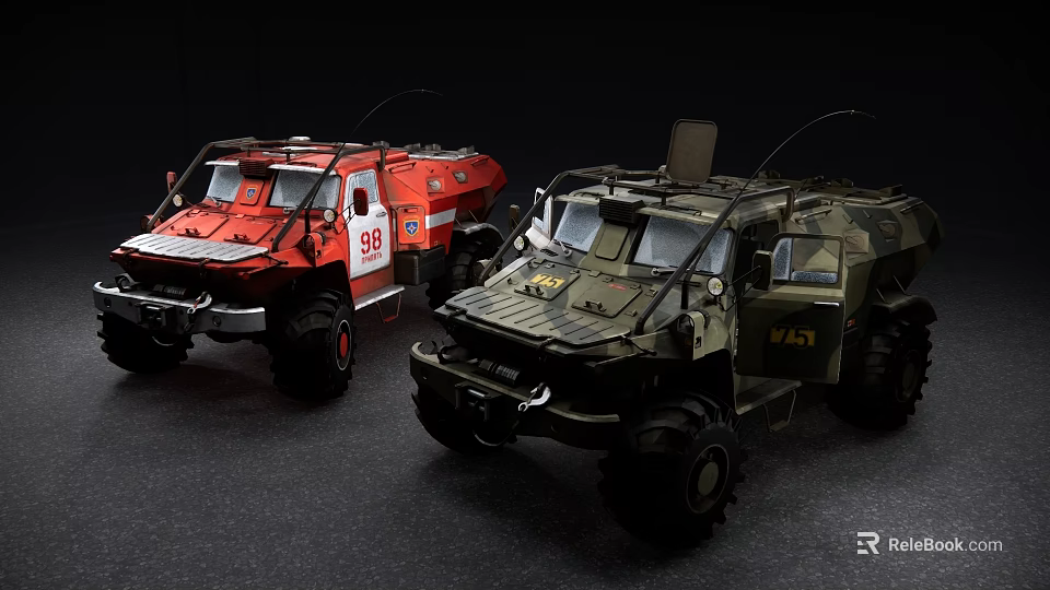 Red And Camouflage Off Road Vehicles With Heavy Duty Tires And Military Design 3d model 